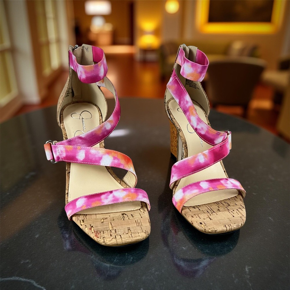 Jessica Simpson Oprieli Womens 7.5 Pink Tie Dye Cork Stiletto Heel Sandal